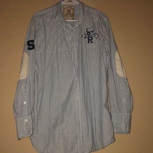 Mens blue pin striped button up shirt